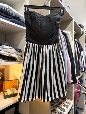 Black Strapless Dress with Black and White Striped Skirt